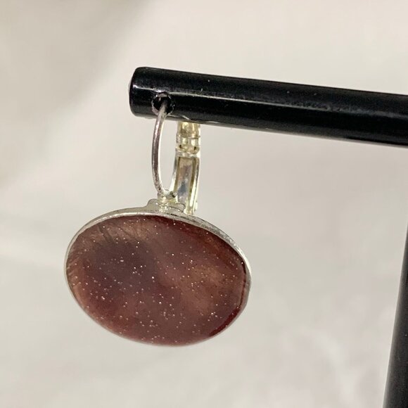 Sparkling Red Brown Goldstone Dangle Earrings Silver Tone Teardrop Lever Back - Picture 3 of 5